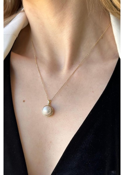 14 Ayar Altın 10 mm Zirkon Taşlı Doğal İnci Kolye