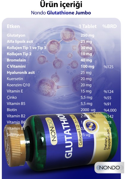 Glutatyon Jumbo 90 Tablet Glutathione Kolajen 1-2-3 Ala Bromelain Hyaluronik Asit