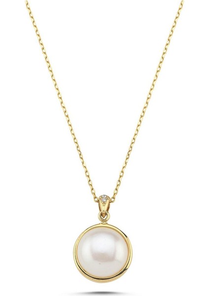 14 Ayar Altın 12 mm Zirkon Taşlı Doğal İncili Kolye