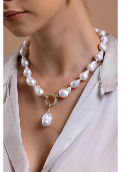 14 Ayar Altın 20 mm Halka Kilitli Barok Doğal İnci Kolye fiyatları