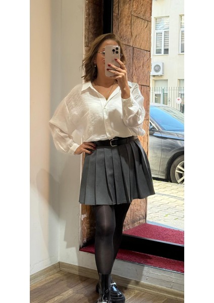 Çift Kemerli Pileli Mini Etek