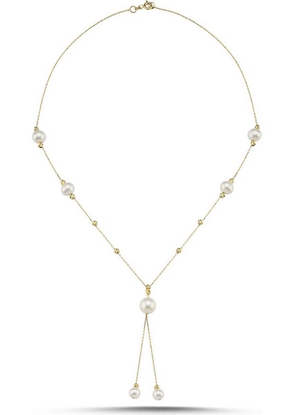 14 Ayar Altın 9 mm Dorikalı Sallantılı Doğal İnci Kolye