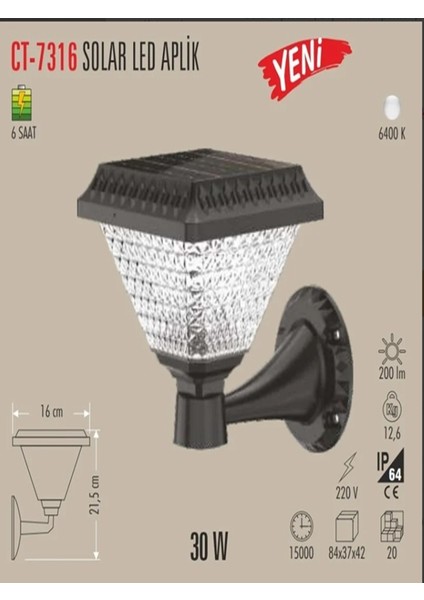 Ct 7316 Solar Duvar Armatür 30W 6400K Beyaz Işık fiyatları
