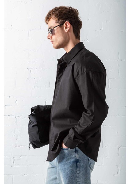 Erkek Oversize Uzun Kollu Basic Gömlek Siyah