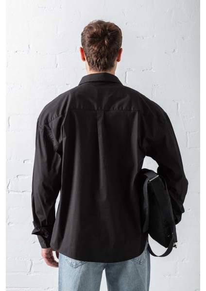 Erkek Oversize Uzun Kollu Basic Gömlek Siyah