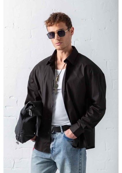 Erkek Oversize Uzun Kollu Basic Gömlek Siyah