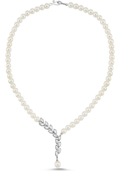 14 Ayar Altın 6 mm Yaprak Taşlı Doğal İnci Kolye