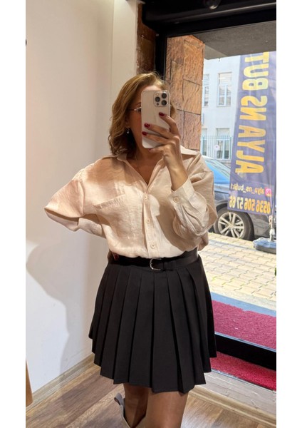 Çift Kemerli Mini Pileli Etek Acıkahve