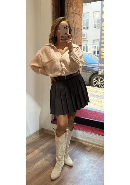 Çift Kemerli Mini Pileli Etek Acıkahve fiyatları