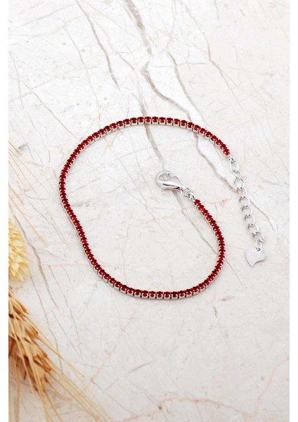 Lal Taşlı Su Yolu İnce Rodyumlu Gümüş Bileklik 4802