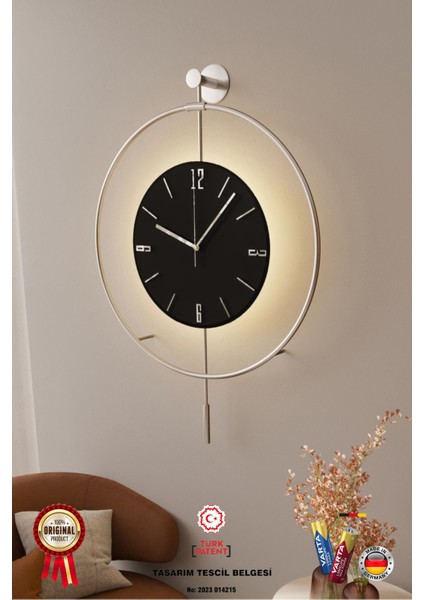 Modern büyük saat, gri-siyah göbekli, 50x75 cm, pilli led sistemli, bej renk indirimleri