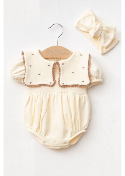 Kız Bebek Maita Kalp Nakışlı Waffle Yazlık Tulum