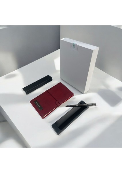 Kişiye Özel Hediye Kutulu Deri 3 İçli Defter ve Kalem Seti Düz - Çizgili - Kareli Lastik Kilitli
