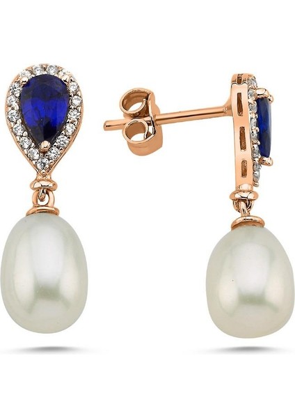 14 Ayar Altın 8 mm Safir Doğal İnci Sallantı Küpe