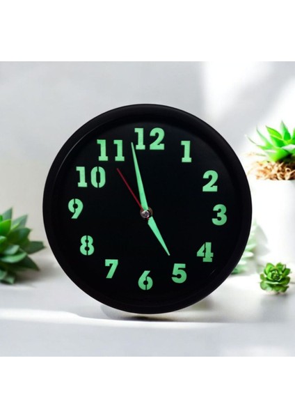 Fosforlu Mini Siyah Duvar Saati Cam Çap 22 cm Küçük Saat