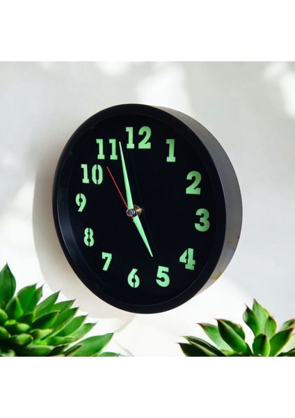 Fosforlu Mini Siyah Duvar Saati Cam Çap 22 cm Küçük Saat