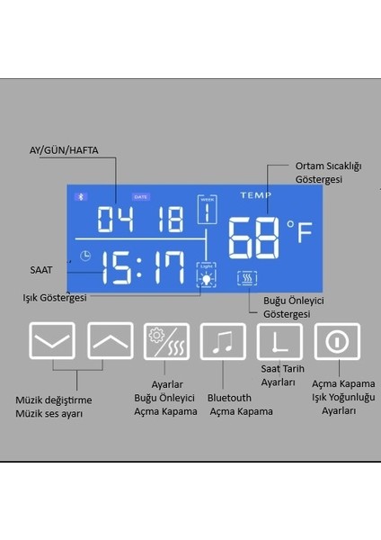 80x60 Dokunmatik Akıllı Ayna Bluetoothlu Buhar Tutmayan Hd 3 Renk Ledli Banyo Aynası Lavabo Aynası