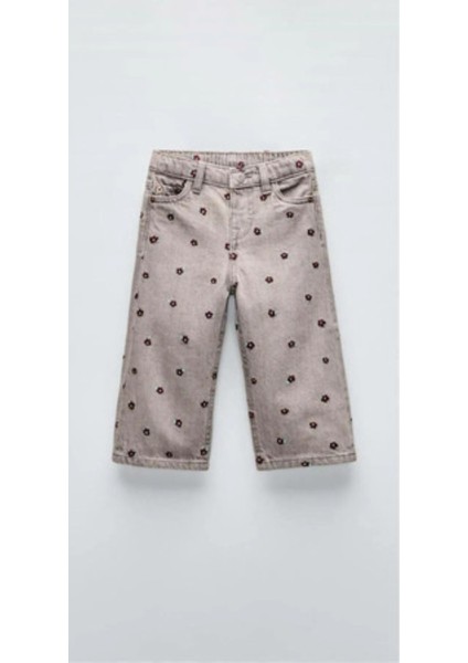 Kız Çocuk Kot Pantolon Çiçek Desenli Nakışlı