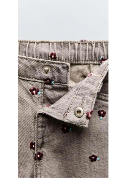 Kız Çocuk Kot Pantolon Çiçek Desenli Nakışlı modelleri