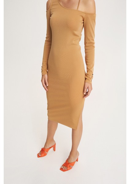 Kady Slim Fit Asimetrik Kol Taba Elbise modelleri