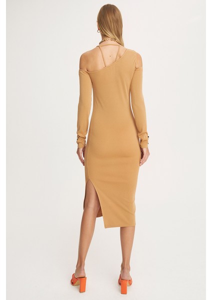 Kady Slim Fit Asimetrik Kol Taba Elbise fırsatları