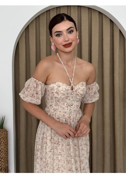 Alessa Şifon Gloplu Midi Astarlı Elbise