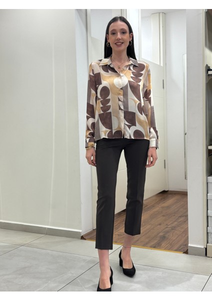 Önü Gizli Düğmeli Desenli Şifon Gömlek modelleri
