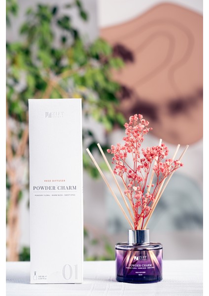 Powder Charm - Bambu Çubuklu Oda Kokusu Dekoratif Çiçekli Banyo & Tuvalet & Oda Parfümü 100ML
