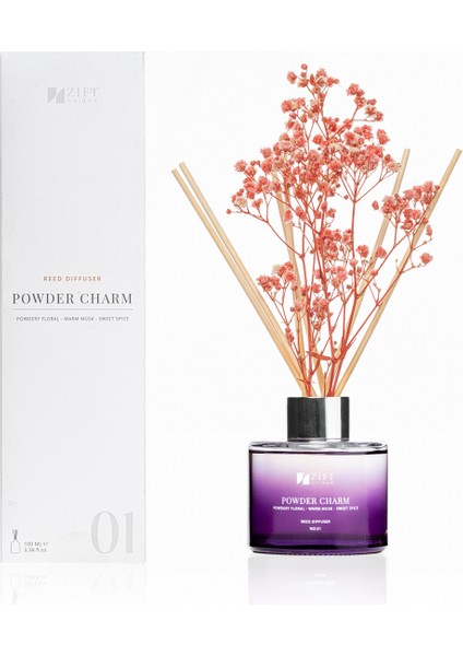 Powder Charm - Bambu Çubuklu Oda Kokusu Dekoratif Çiçekli Banyo & Tuvalet & Oda Parfümü 100ML