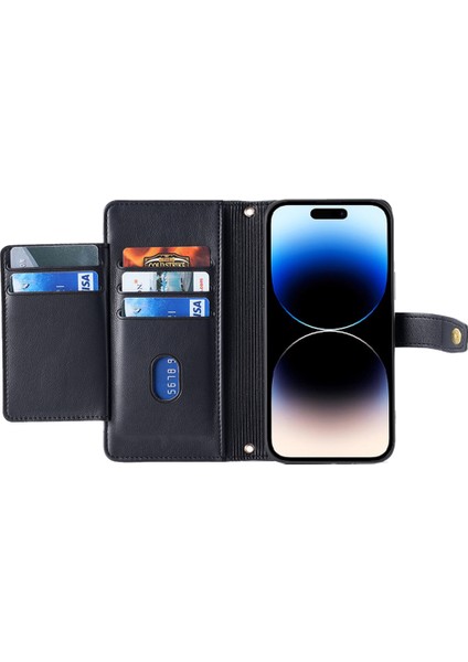 Apple Phone 14 Profesyonel Dokulu Pu Deri Çoklu Kart Yuvaları Stand Kapak Zipper Cep Flip Cüzdan Telefon Kılıfı Bilek Kayışı ve Omuz Kayışı (Yurt Dışından)