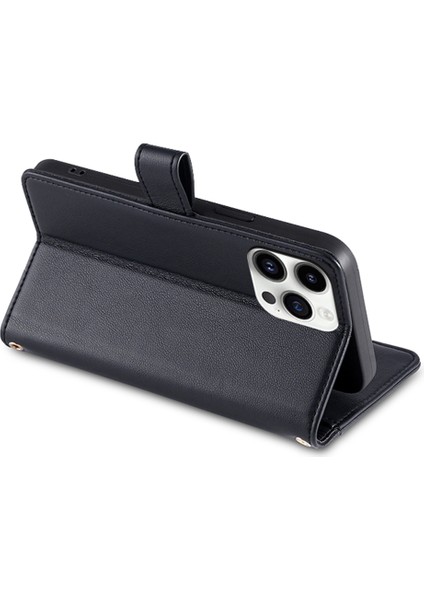 Apple Phone 14 Profesyonel Dokulu Pu Deri Çoklu Kart Yuvaları Stand Kapak Zipper Cep Flip Cüzdan Telefon Kılıfı Bilek Kayışı ve Omuz Kayışı (Yurt Dışından)