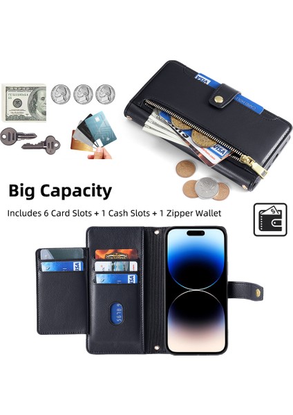 Apple Phone 14 Profesyonel Dokulu Pu Deri Çoklu Kart Yuvaları Stand Kapak Zipper Cep Flip Cüzdan Telefon Kılıfı Bilek Kayışı ve Omuz Kayışı (Yurt Dışından)