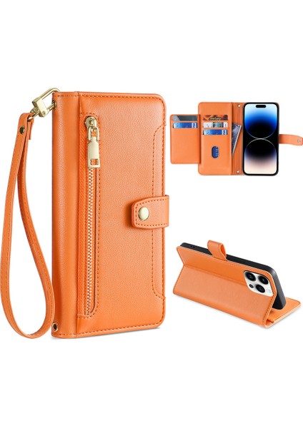 Apple Phone 14 Profesyonel Dokulu Pu Deri Çoklu Kart Yuvaları Stand Kapak Zipper Cep Flip Cüzdan Telefon Kılıfı Bilek Kayışı ve Omuz Kayışı (Yurt Dışından)