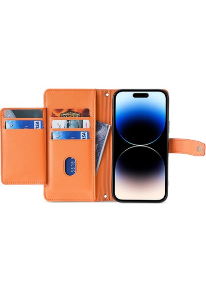 Apple Phone 14 Profesyonel Dokulu Pu Deri Çoklu Kart Yuvaları Stand Kapak Zipper Cep Flip Cüzdan Telefon Kılıfı Bilek Kayışı ve Omuz Kayışı (Yurt Dışından)
