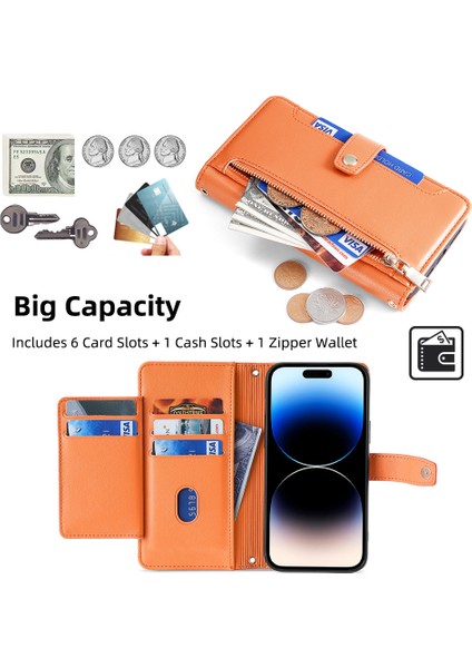 Apple Phone 14 Profesyonel Dokulu Pu Deri Çoklu Kart Yuvaları Stand Kapak Zipper Cep Flip Cüzdan Telefon Kılıfı Bilek Kayışı ve Omuz Kayışı (Yurt Dışından)