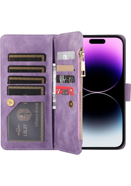 iPhone 15 Pro Fermuar Cep Telefonu Bir Çoklu Kart Yuvası Örtüsü Birleştirme Stili Pu Deri Kılıf (Yurt Dışından)