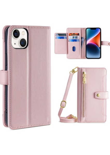 Apple Phone 14 Fermuar Pocket Şok Geçirmez Pu Deri Stand Kılıf Kart Yuvaları Bilek Kayışı ve Omuz Kayışı ile Flip Telefon Kapağı (Yurt Dışından)