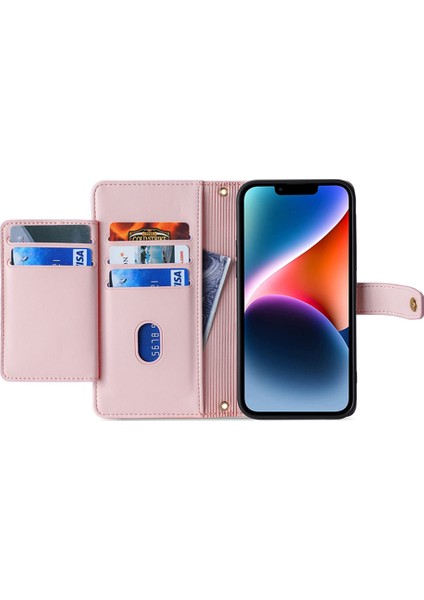 Apple Phone 14 Fermuar Pocket Şok Geçirmez Pu Deri Stand Kılıf Kart Yuvaları Bilek Kayışı ve Omuz Kayışı ile Flip Telefon Kapağı (Yurt Dışından)