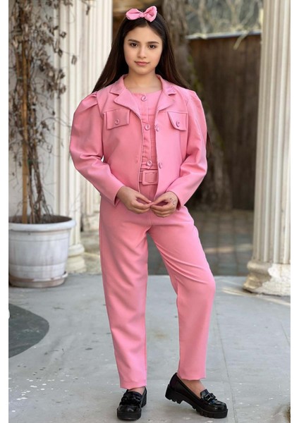Kız Çocuk Kolsuz Penye Gömlek Cep Detaylı Blazer Ceket Kemerli Pantolon Pembe Alt Üst Takım