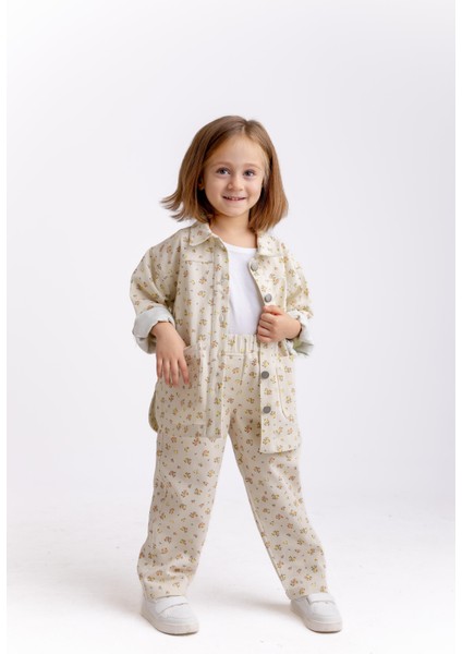 Çiçek Desenli Gabardin Ceket 2-7 Yaş Ekru Çiçekli