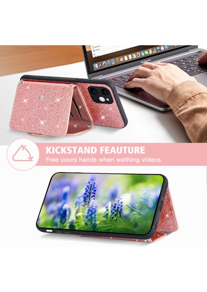 Apple Phone 11 6.1 Inç Pu Deri+Tpu Isplity Powder Telefon Kapak Üçgen Kart Tutucu Kickstand Telefon Kılıfı (Yurt Dışından)