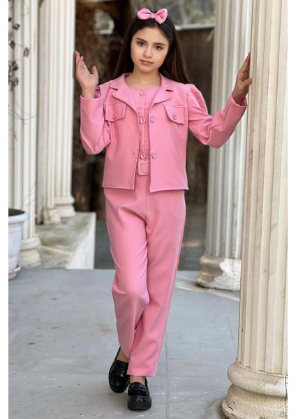 Kız Çocuk Kolsuz Penye Gömlek Cep Detaylı Blazer Ceket Kemerli Pantolon Pembe Alt Üst Takım fiyatları