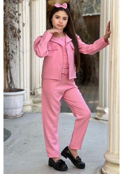 Kız Çocuk Kolsuz Penye Gömlek Cep Detaylı Blazer Ceket Kemerli Pantolon Pembe Alt Üst Takım modelleri