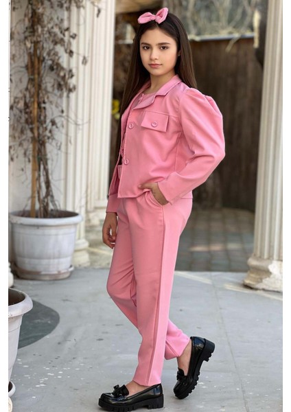 Kız Çocuk Kolsuz Penye Gömlek Cep Detaylı Blazer Ceket Kemerli Pantolon Pembe Alt Üst Takım fırsatları