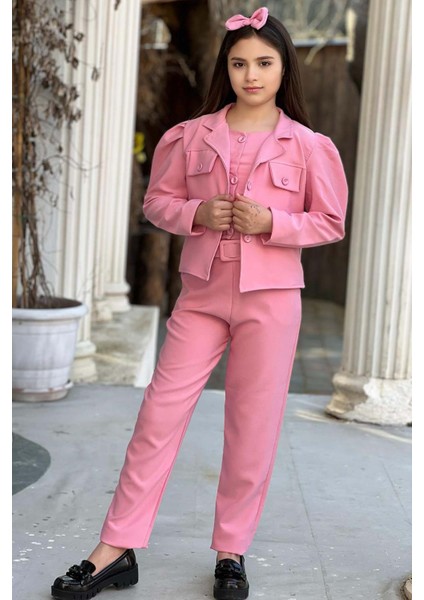 Kız Çocuk Kolsuz Penye Gömlek Cep Detaylı Blazer Ceket Kemerli Pantolon Pembe Alt Üst Takım indirimleri