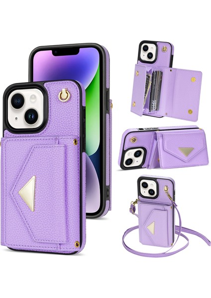 iPhone 14 Kart Çantası Çizik Dirençli Deri+Omuz Askılı Tpu Kapağı (Yurt Dışından)