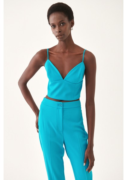 Ambers Slim Fit V-Yaka Turkuaz Renk Bluz
