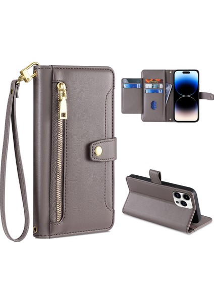 Apple Phone 14 Profesyonel Dokulu Pu Deri Çoklu Kart Yuvaları Stand Kapak Zipper Cep Flip Cüzdan Telefon Kılıfı Bilek Kayışı ve Omuz Kayışı (Yurt Dışından)