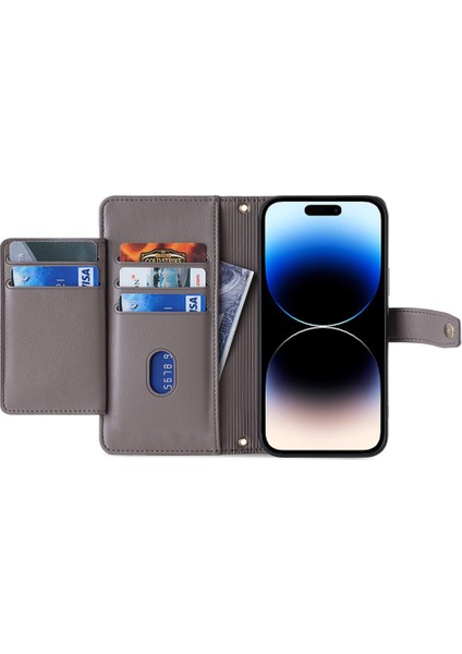 Apple Phone 14 Profesyonel Dokulu Pu Deri Çoklu Kart Yuvaları Stand Kapak Zipper Cep Flip Cüzdan Telefon Kılıfı Bilek Kayışı ve Omuz Kayışı (Yurt Dışından)