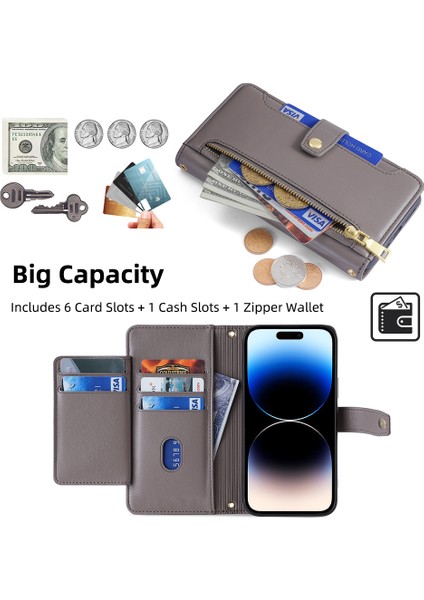 Apple Phone 14 Profesyonel Dokulu Pu Deri Çoklu Kart Yuvaları Stand Kapak Zipper Cep Flip Cüzdan Telefon Kılıfı Bilek Kayışı ve Omuz Kayışı (Yurt Dışından)